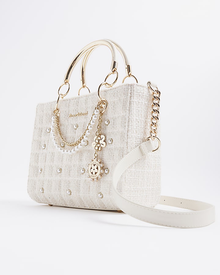 Cream Boucle Quilted Charm Tote Bag