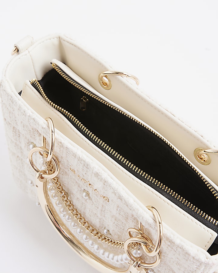 Cream Boucle Quilted Charm Tote Bag