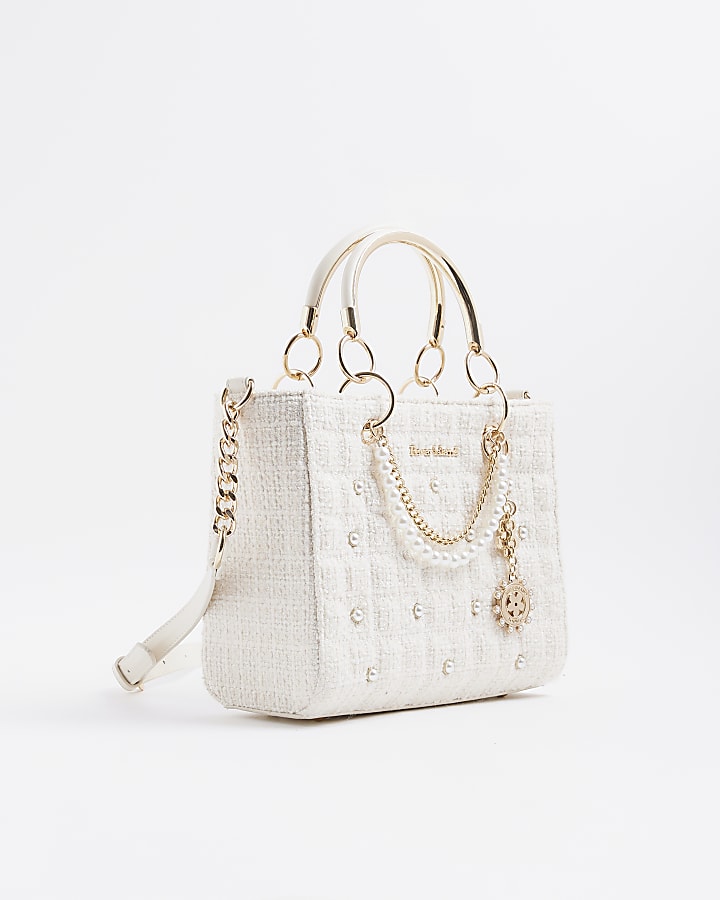 Cream Boucle Quilted Charm Tote Bag