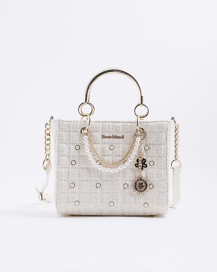 Cream Boucle Quilted Charm Tote Bag