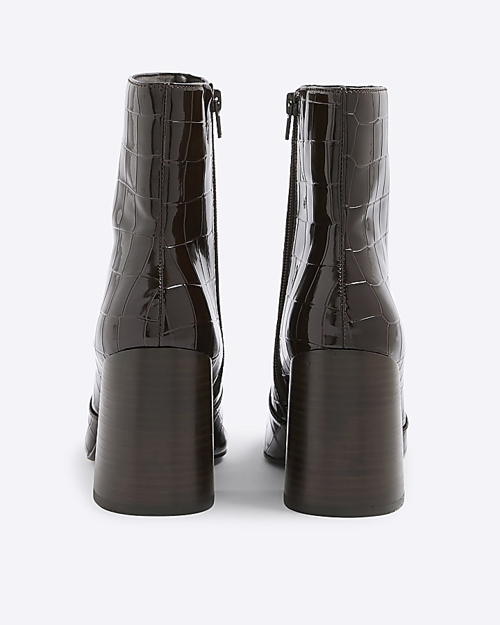 Brown Croc Texture Flared Block Heel Boots
