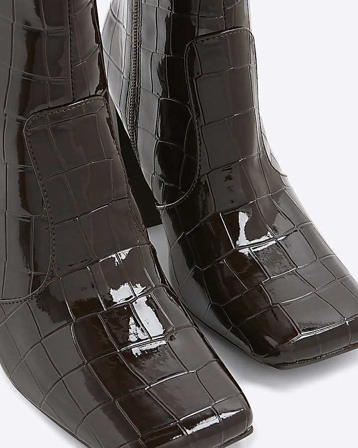 Brown Croc Texture Flared Block Heel Boots