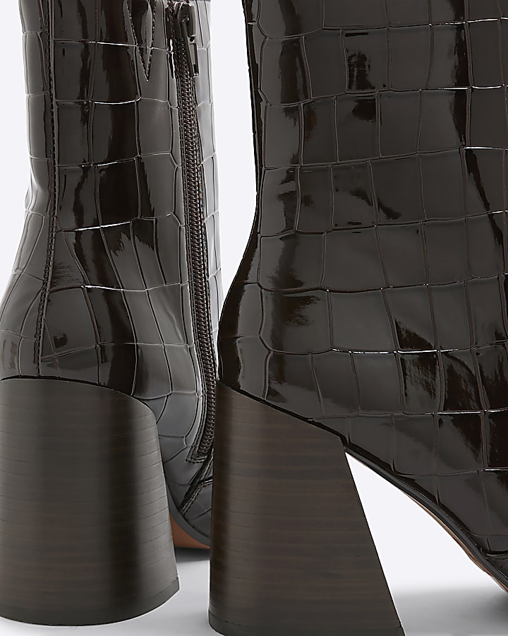 Brown Croc Texture Flared Block Heel Boots