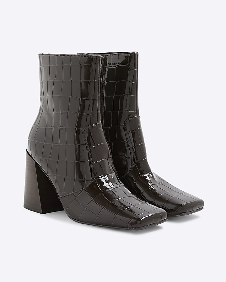 Brown Croc Texture Flared Block Heel Boots