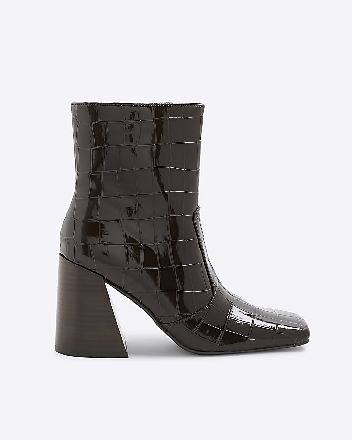 Brown Croc Texture Flared Block Heel Boots