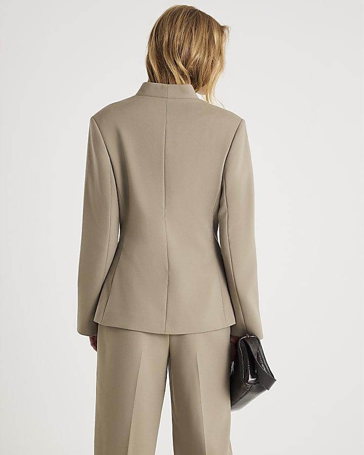 Beige Collarless Blazer