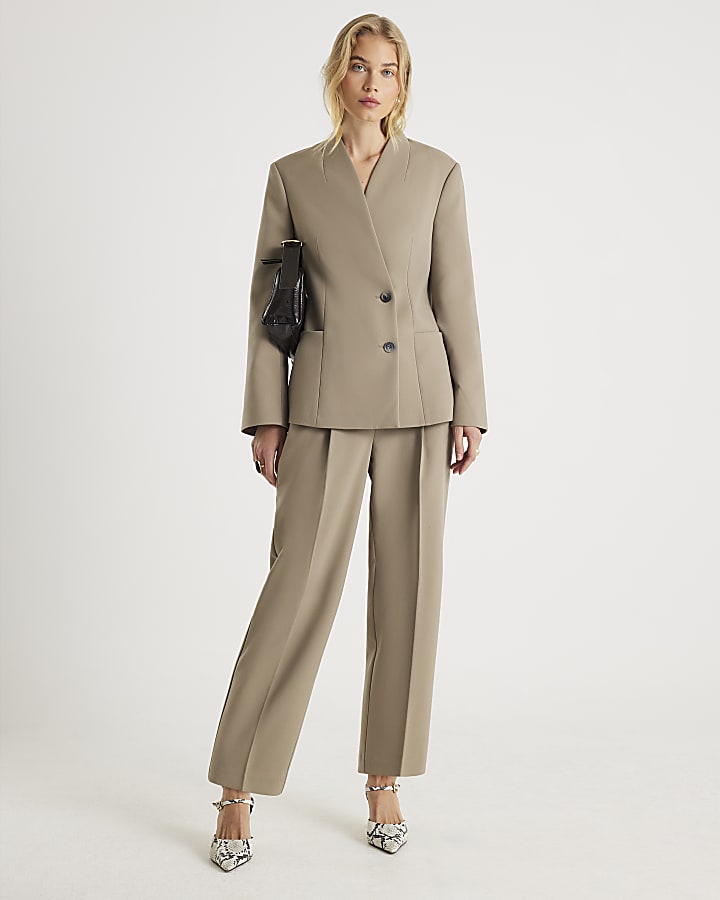 Beige Collarless Blazer