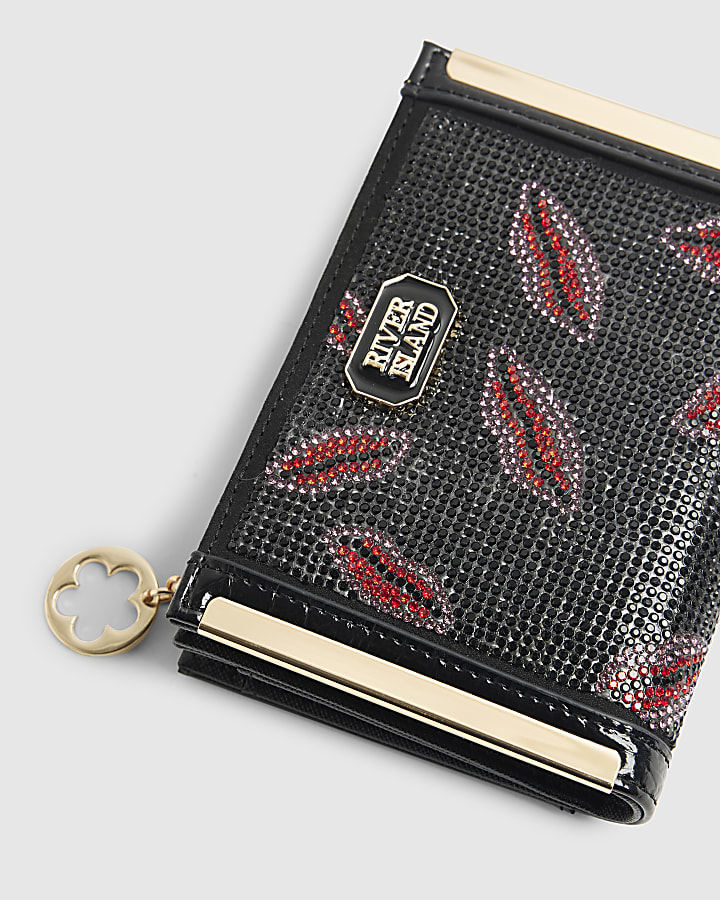 Black Diamante Embellished Lips Purse