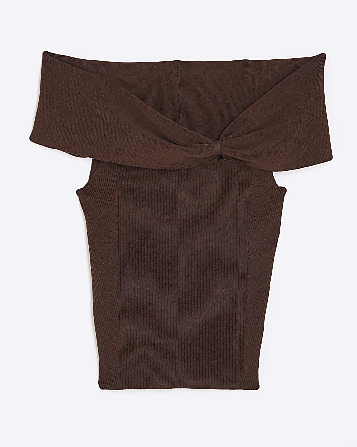 Brown Knit Bardot Top