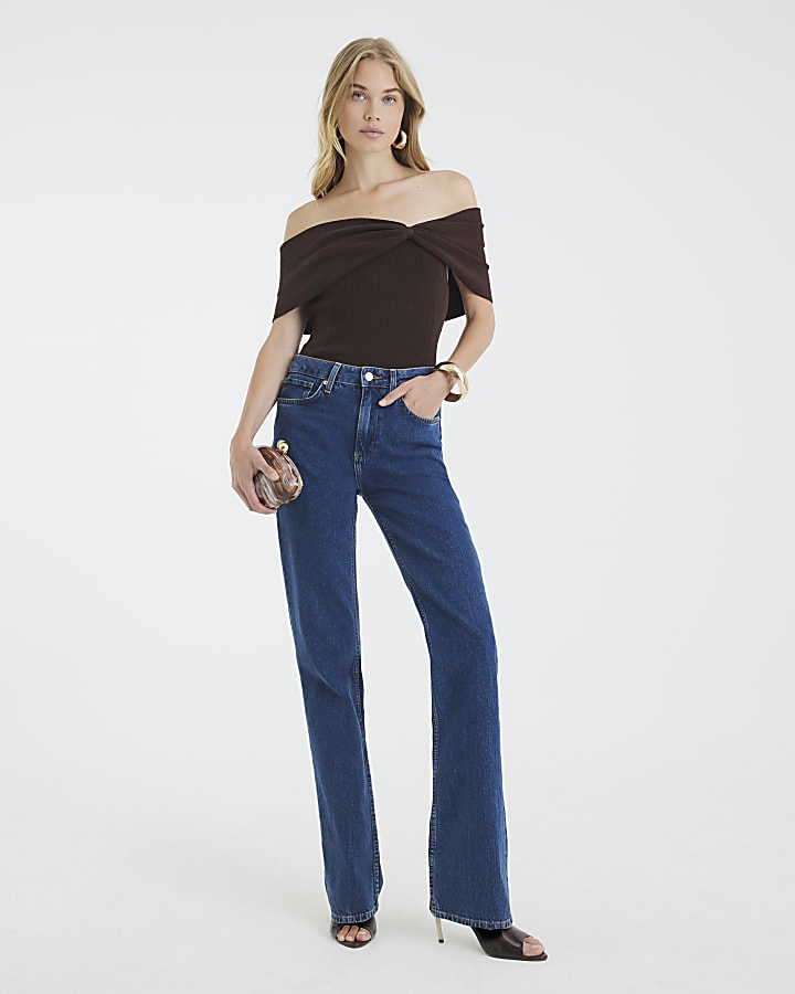 Brown Knit Bardot Top