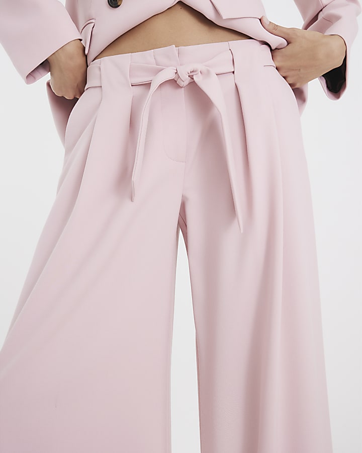 Pink Tie Waist Wide Leg Trousers
