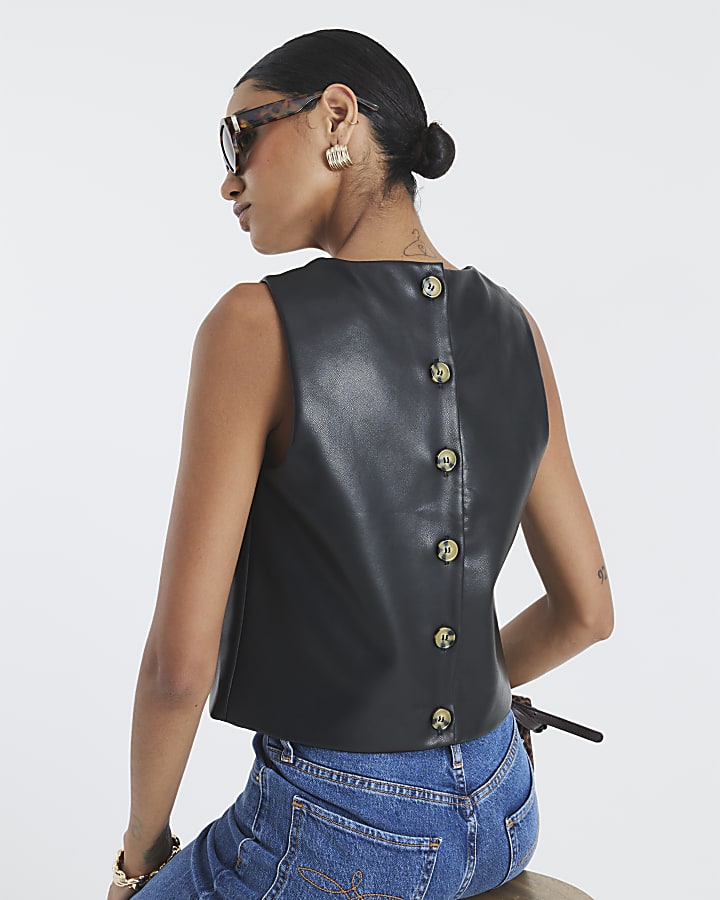 Black Faux Leather Sleeveless Top