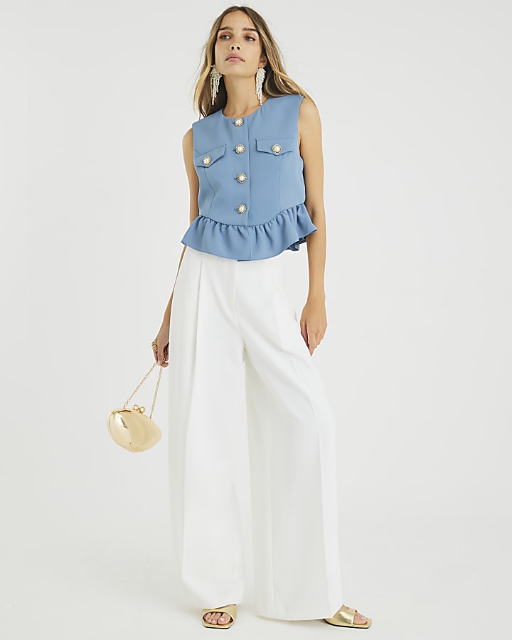 Blue Frill Hem Tailored Top