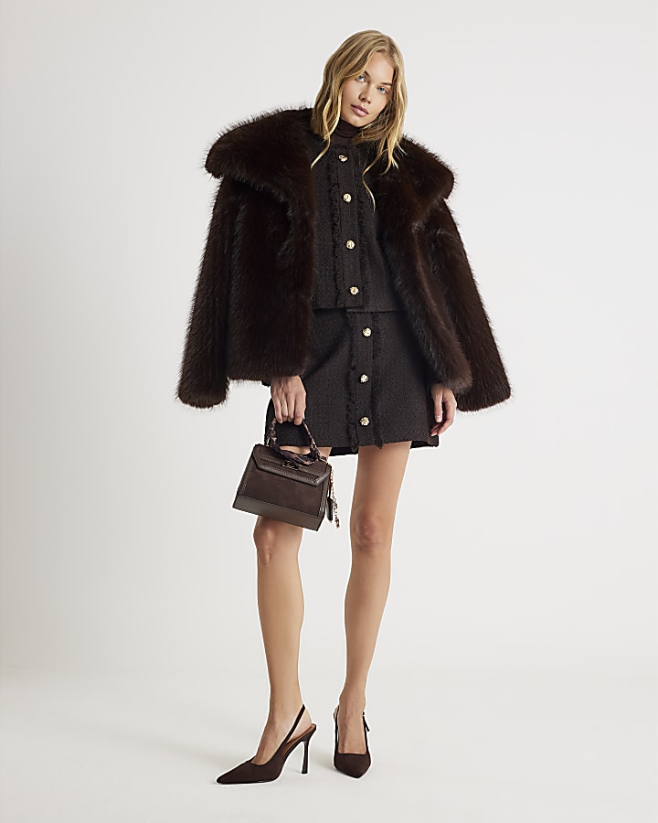 Brown Boucle Button Front Mini Skirt