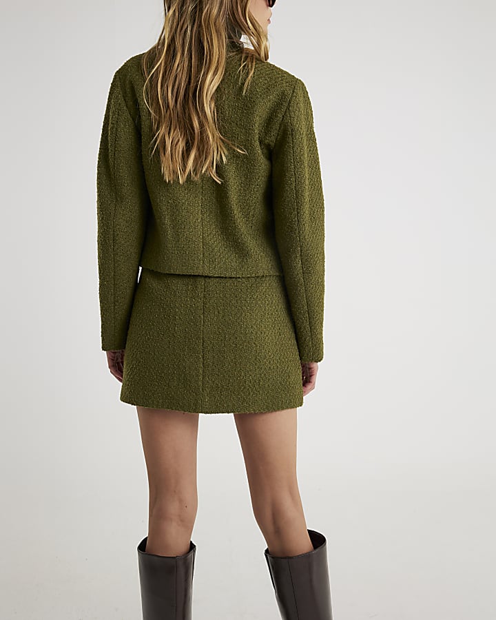 Green Boucle Button Front Mini Skirt