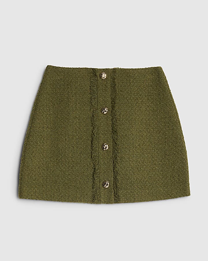 Green Boucle Button Front Mini Skirt