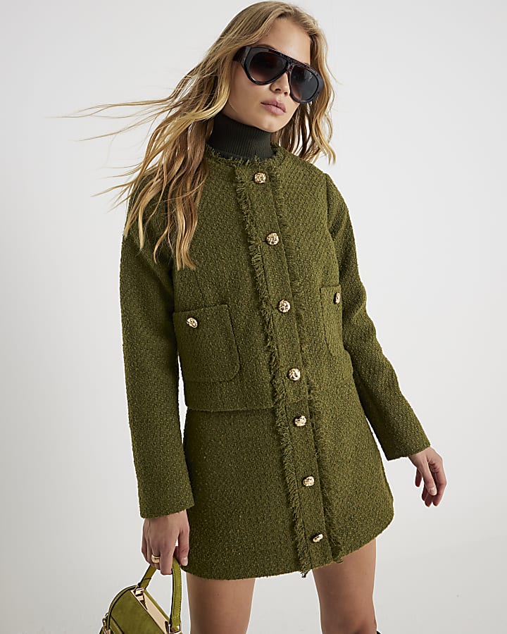 Green Boucle Button Front Mini Skirt