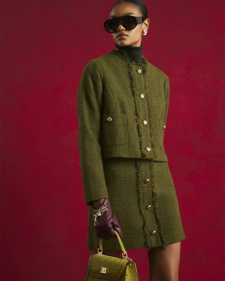 Green Boucle Button Front Mini Skirt