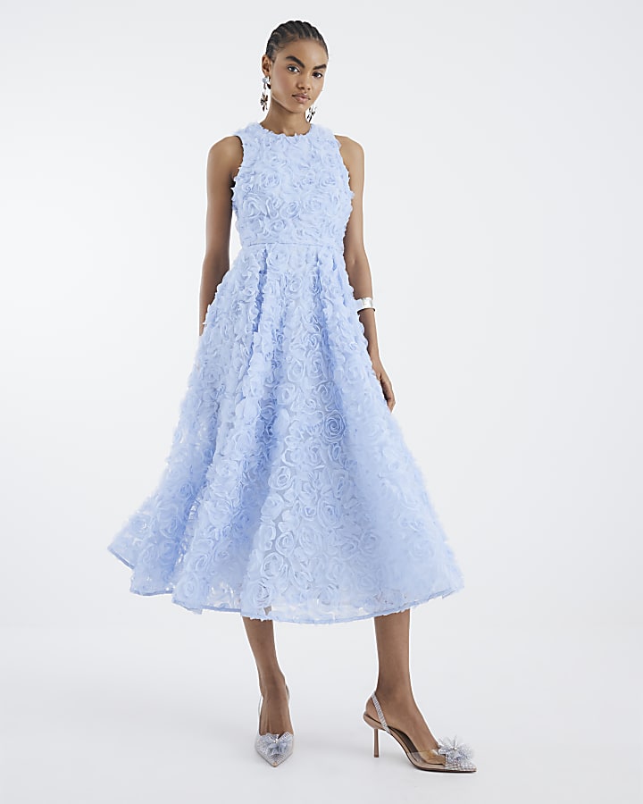 Blue 3D Floral Occasion Midi Dress