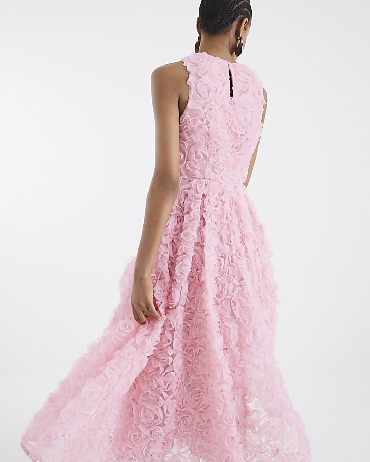 Pink 3D Floral Occasion Midi Dress