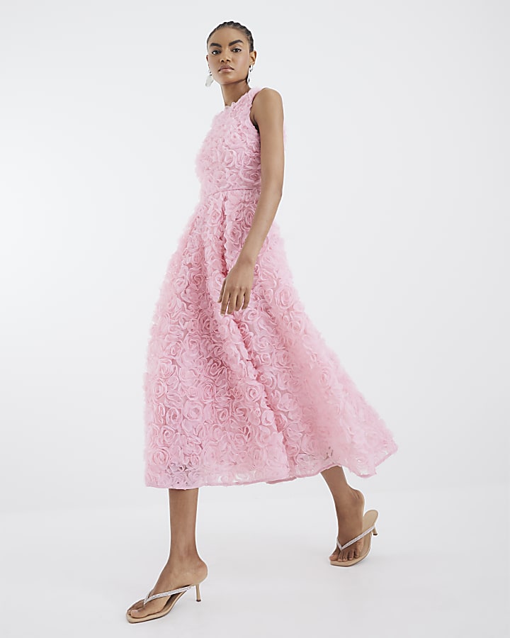 Pink 3D Floral Occasion Midi Dress