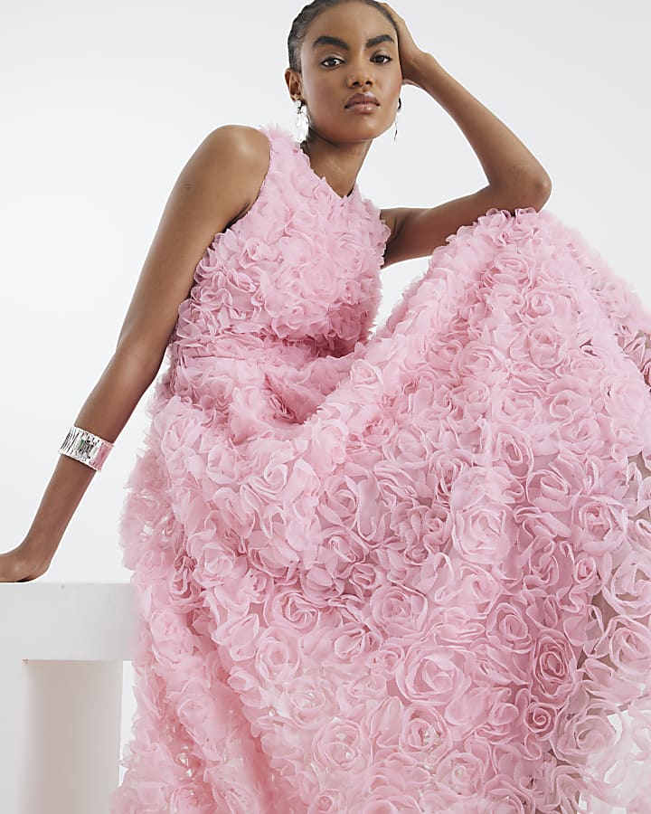 Pink 3D Floral Occasion Midi Dress