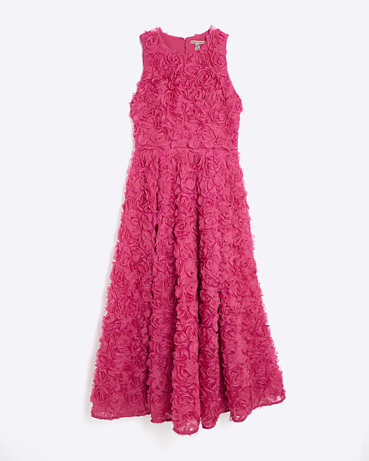 Pink 3D Floral Occasion Midi Dress