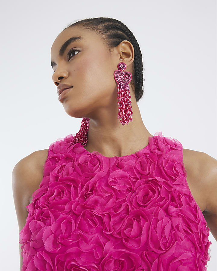Pink 3D Floral Occasion Midi Dress