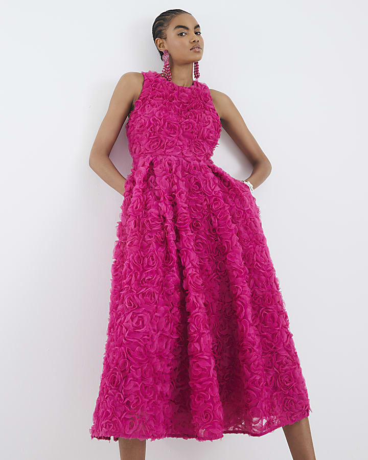Pink 3D Floral Occasion Midi Dress
