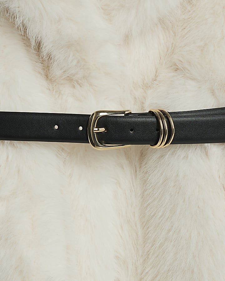 Cream Faux Fur Belted Mid Length Coat