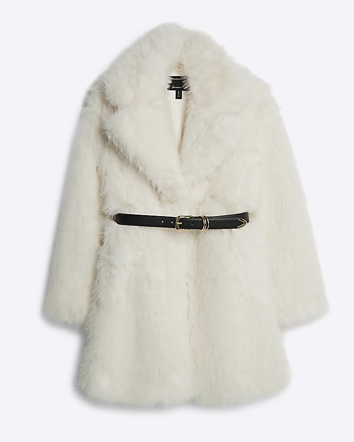 Cream Faux Fur Belted Mid Length Coat