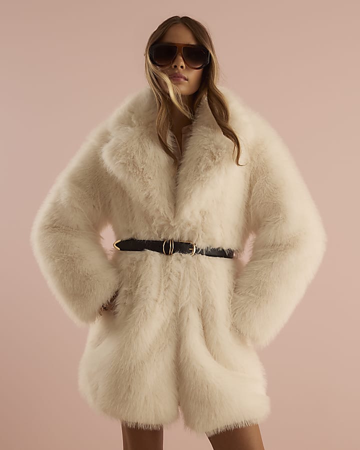 Cream Faux Fur Belted Mid Length Coat