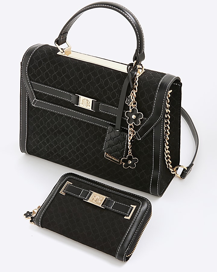 Black Faux Suede Monogram Tote Bundle Bag