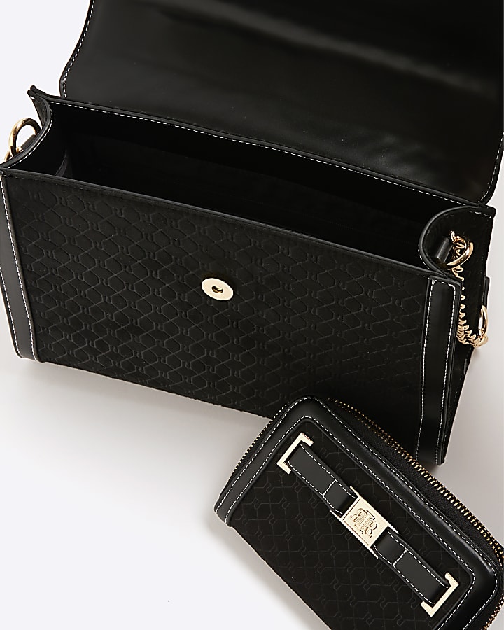 Black Faux Suede Monogram Tote Bundle Bag