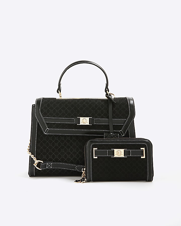 Black Faux Suede Monogram Tote Bundle Bag