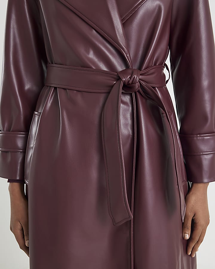 Red Faux Leather Belted Wrap Coat