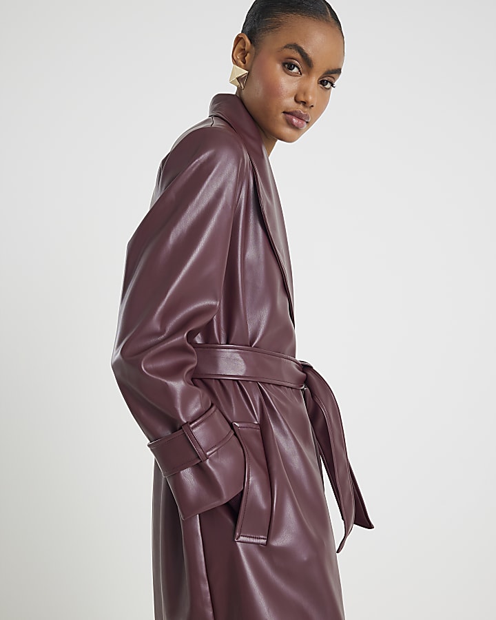 Red Faux Leather Belted Wrap Coat
