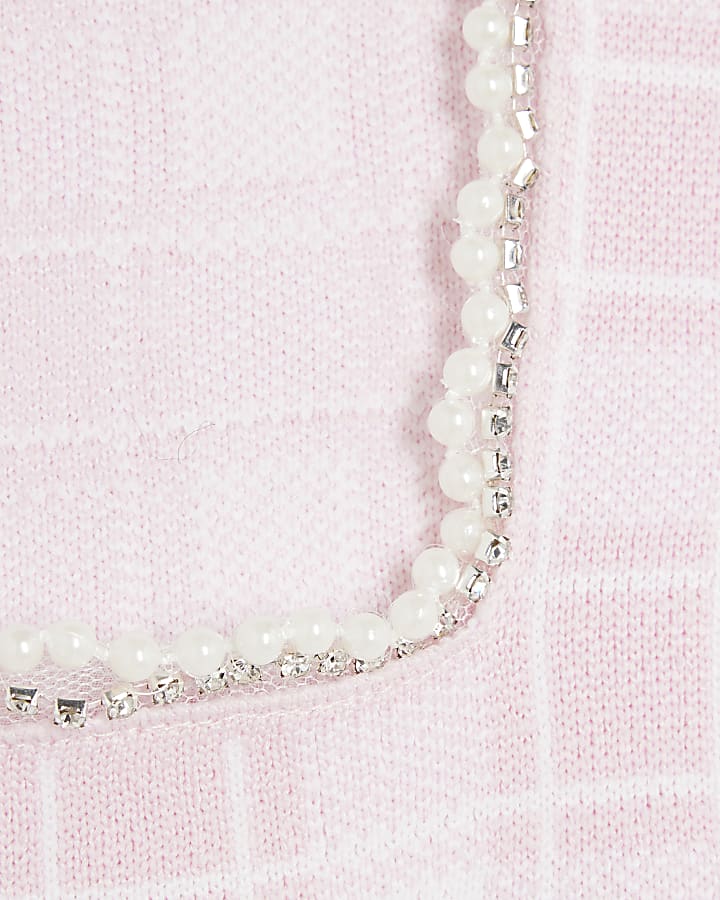 Pink Gingham Knitted Pearl Trim Vest