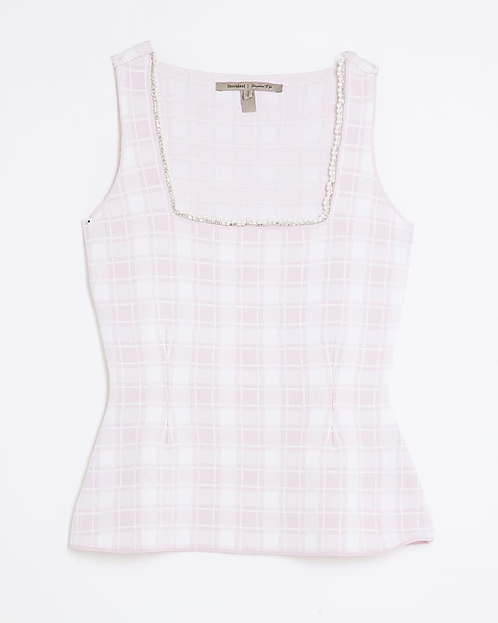 Pink Gingham Knitted Pearl Trim Vest