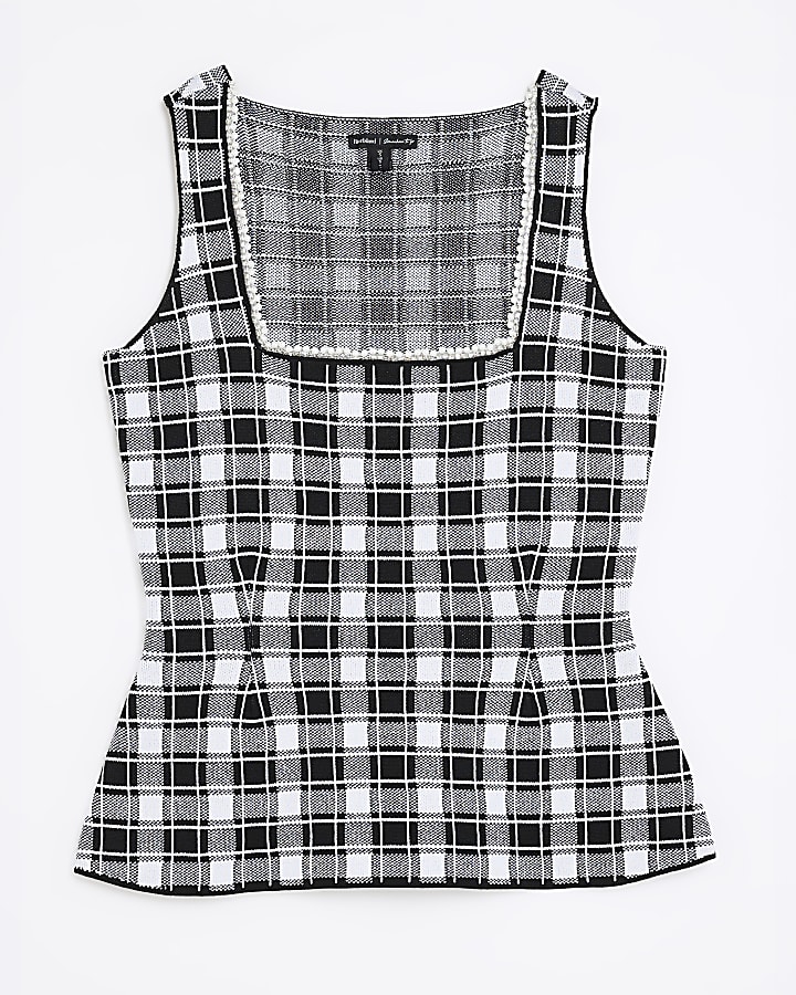 Black Gingham Knitted Pearl Trim Vest