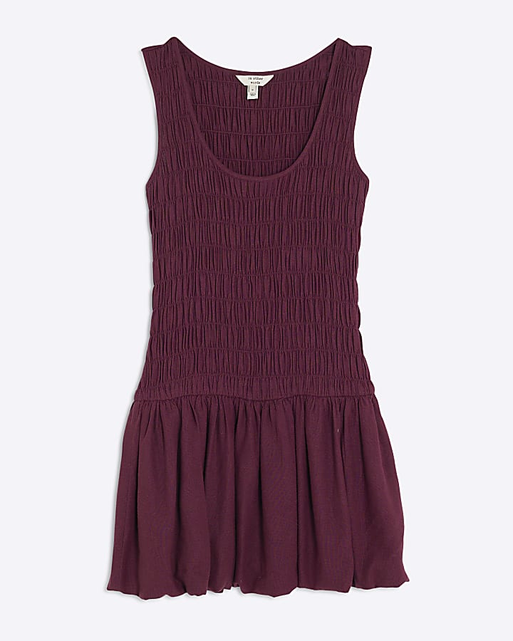 Purple Linen Blend Shirred Mini Dress