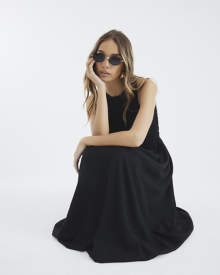 Black Shirred Bubble Hem Midi Dress