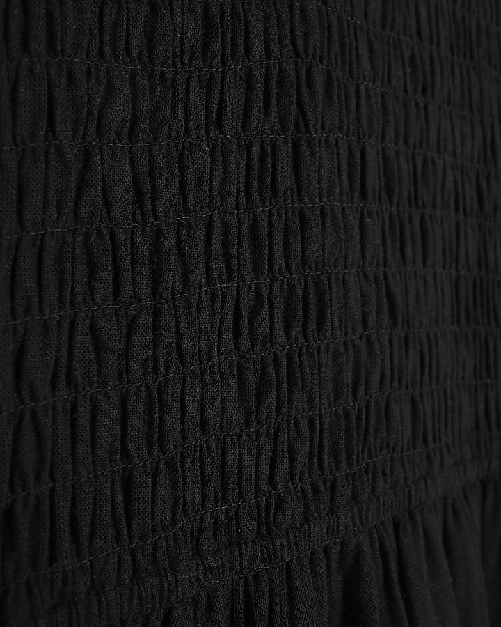Black Shirred Bubble Hem Midi Dress