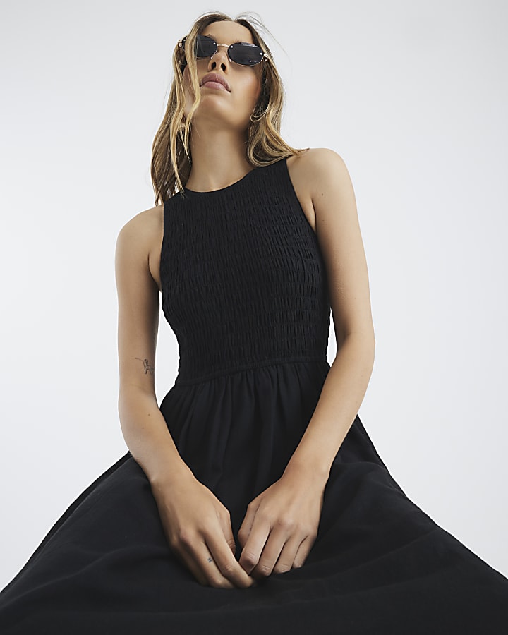 Black Shirred Bubble Hem Midi Dress