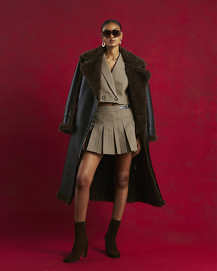 Brown Dogtooth Buckle Kilted Skort