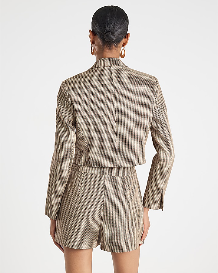 Brown Dogtooth Cropped Blazer