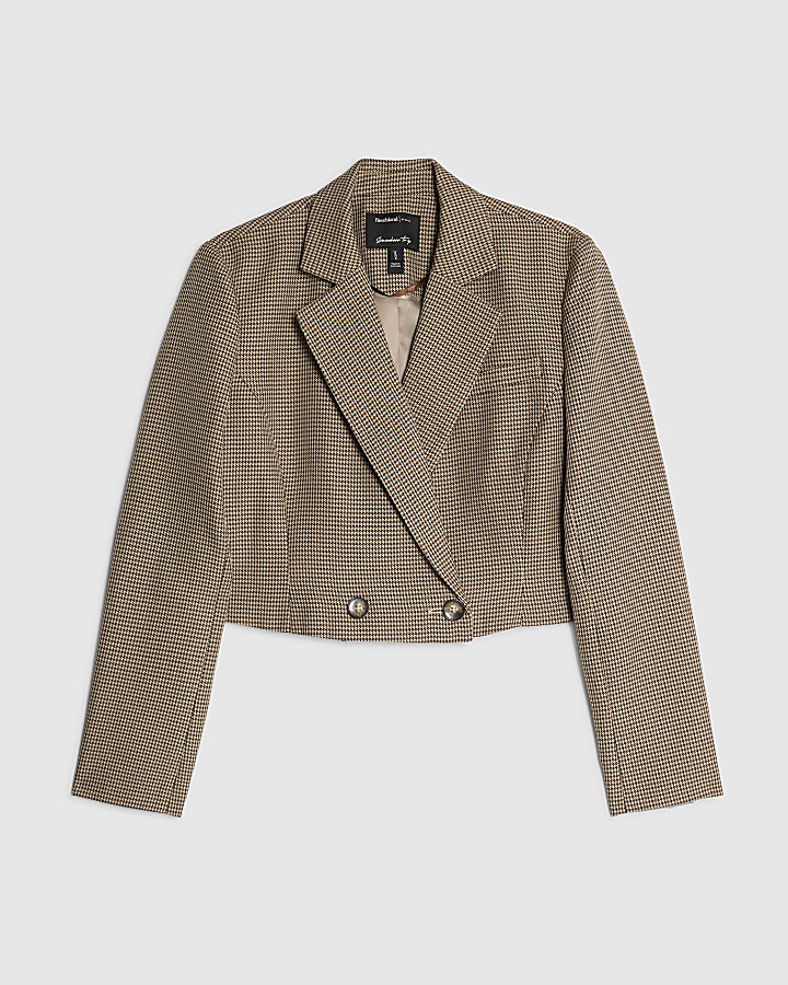 Brown Dogtooth Cropped Blazer