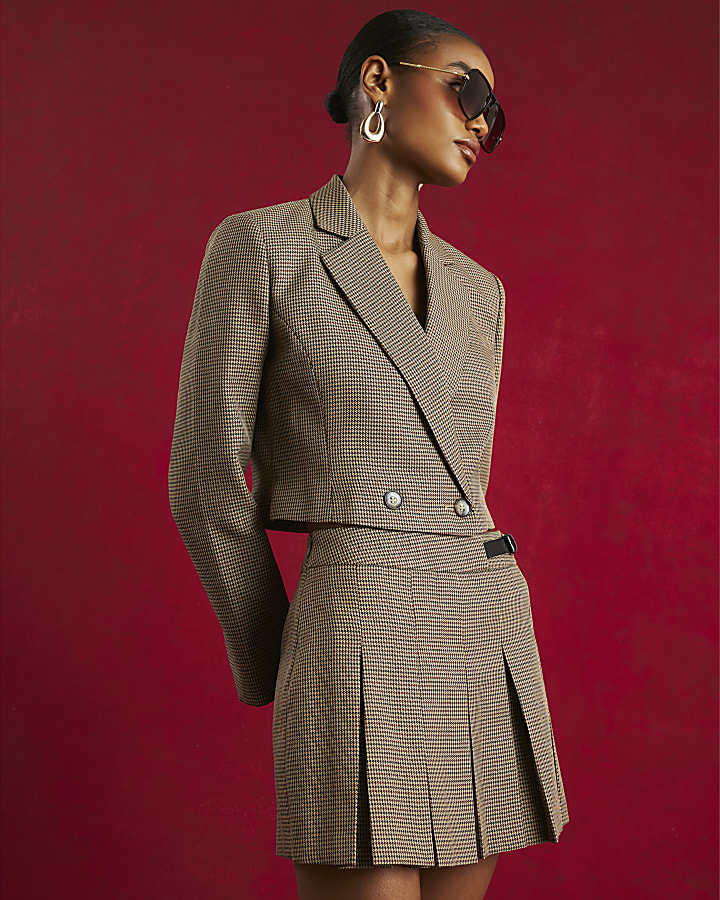 Brown Dogtooth Cropped Blazer