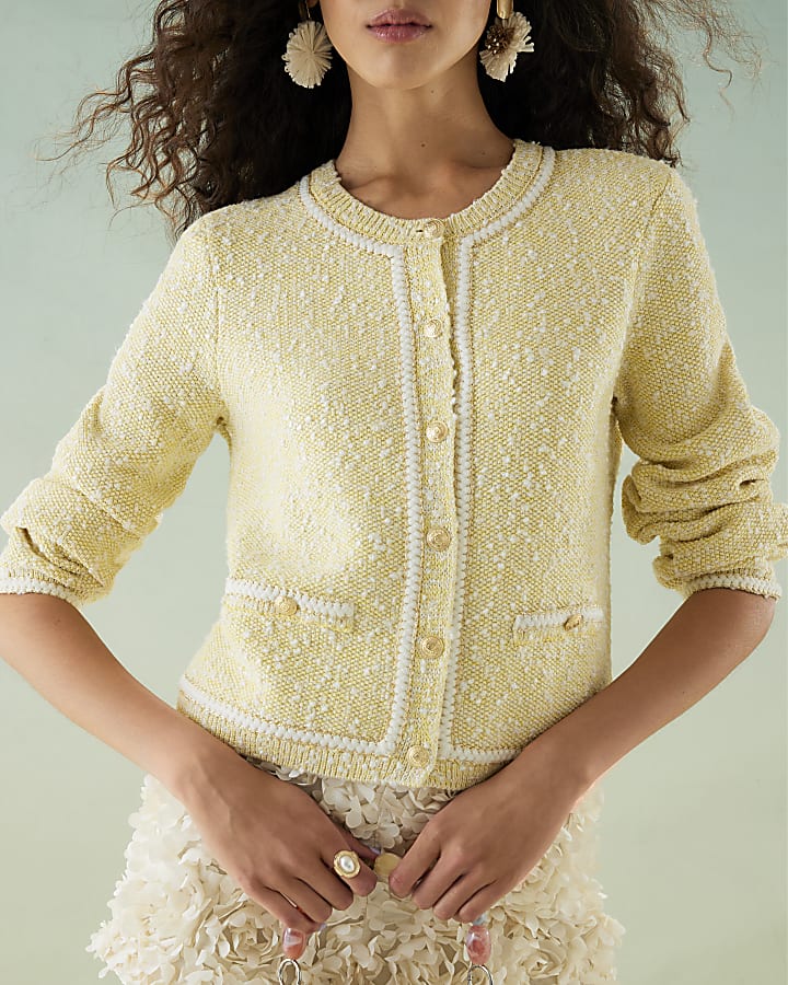 Yellow Long Sleeve Boucle Edge Cardigan