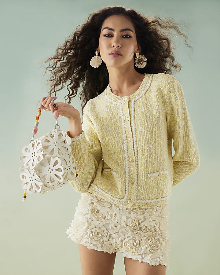 Yellow Long Sleeve Boucle Edge Cardigan
